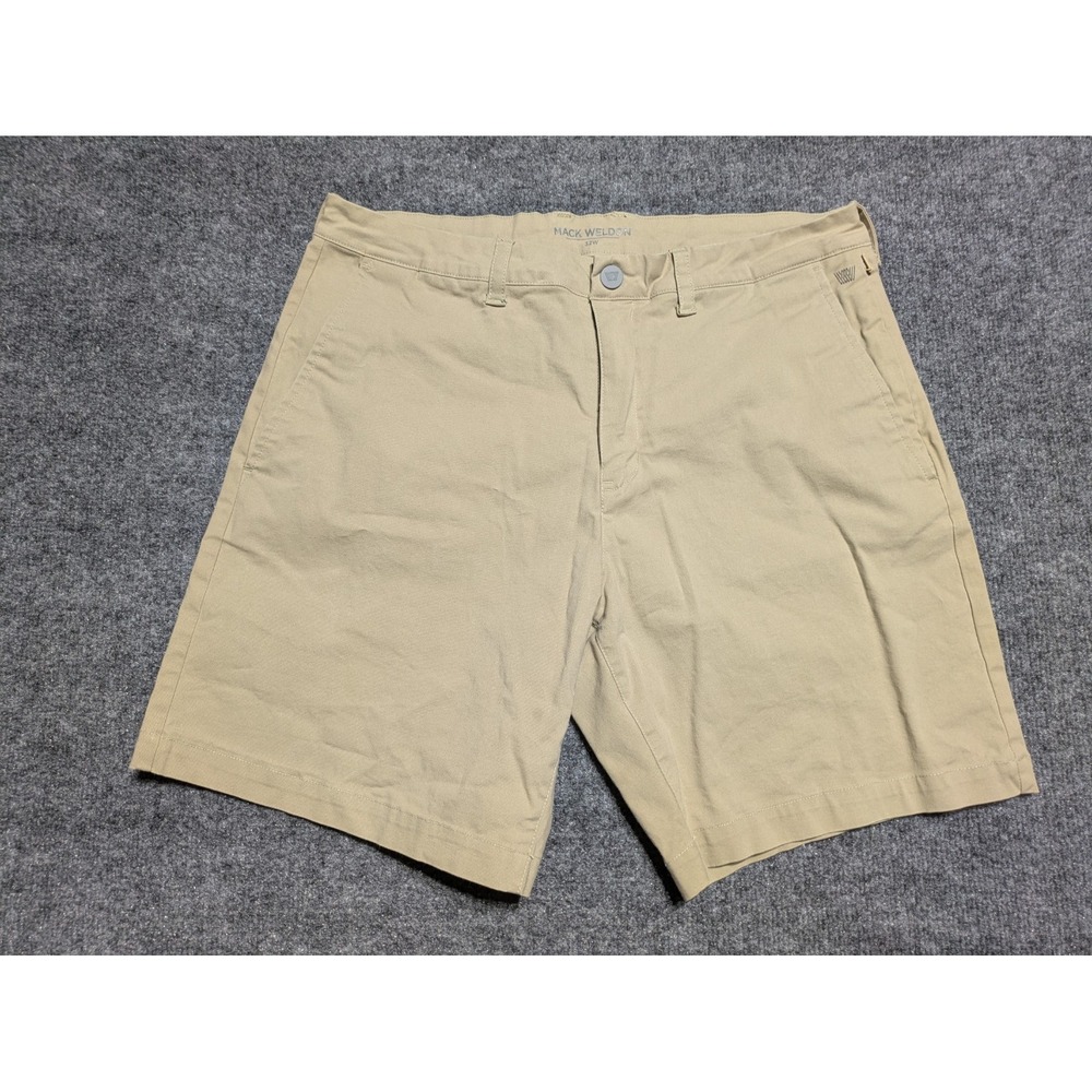 Mack Weldon Chino Shorts Men 32W Beige Solid Flat Front Cotton Stretch 7.5"